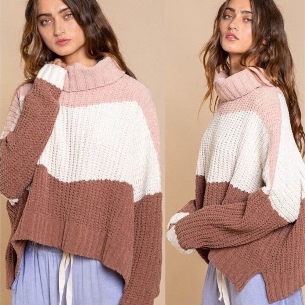 POL Chenille Cowl Neck Sweater Colorblock Large